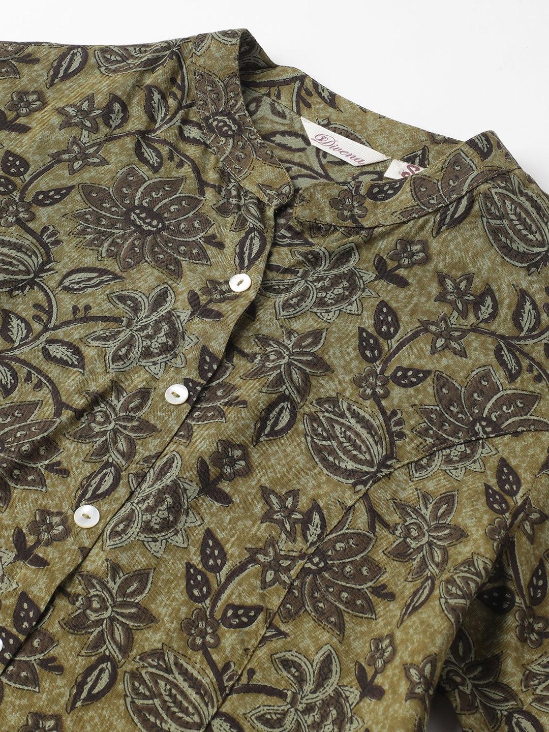 Eshani Olive Green Floral Printed Rayon A-line Shirt Style Top - Eshani world