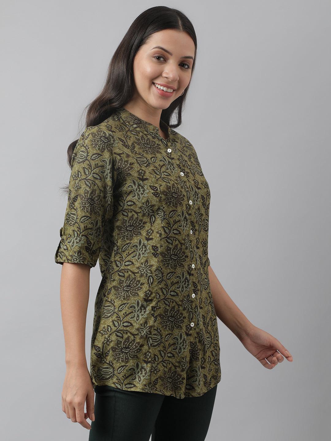 Eshani Olive Green Floral Printed Rayon A-line Shirt Style Top - Eshani world