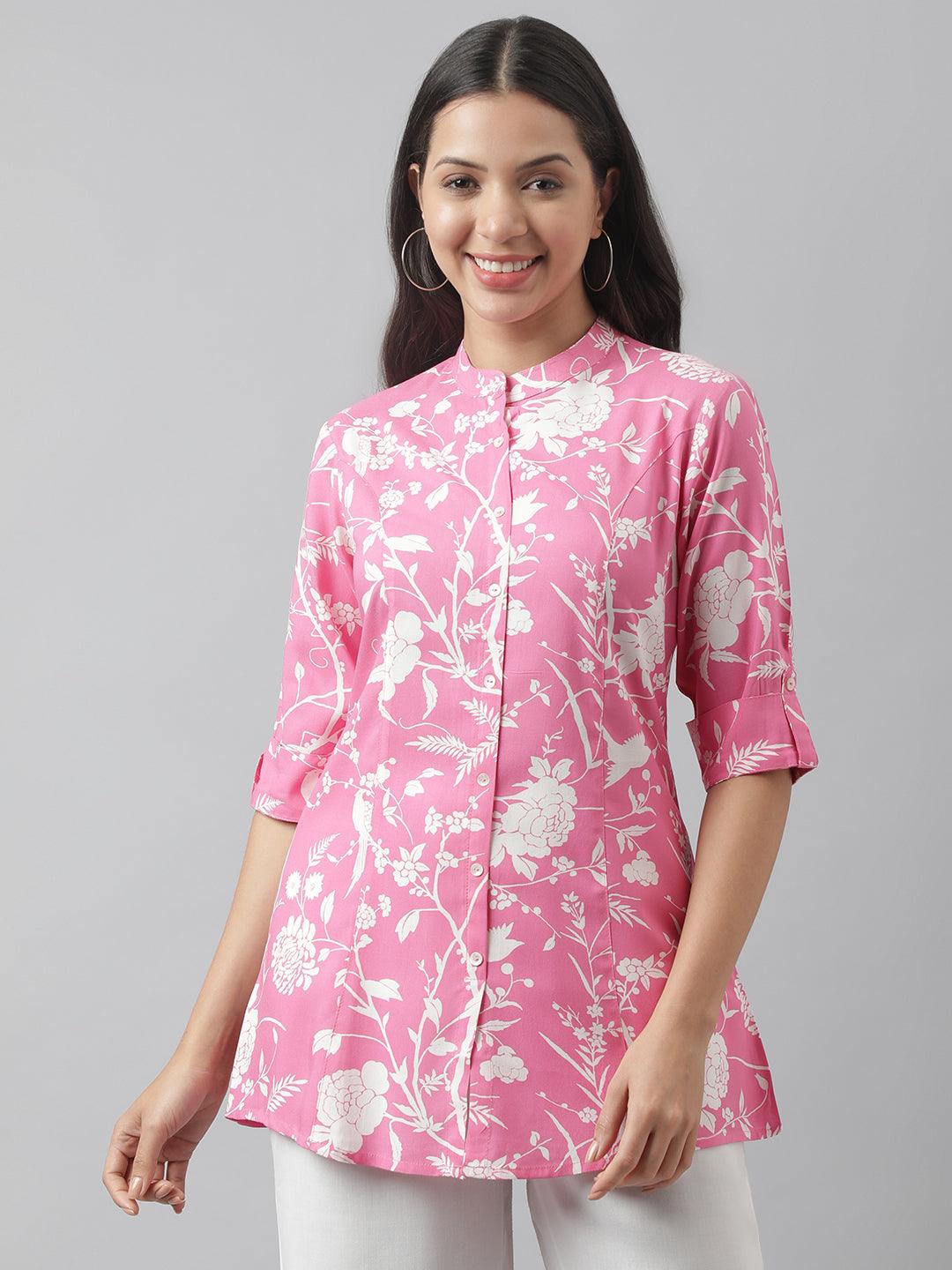 Eshani Light Pink Floral Printed Rayon A-line Shirt Style Top - Eshani world