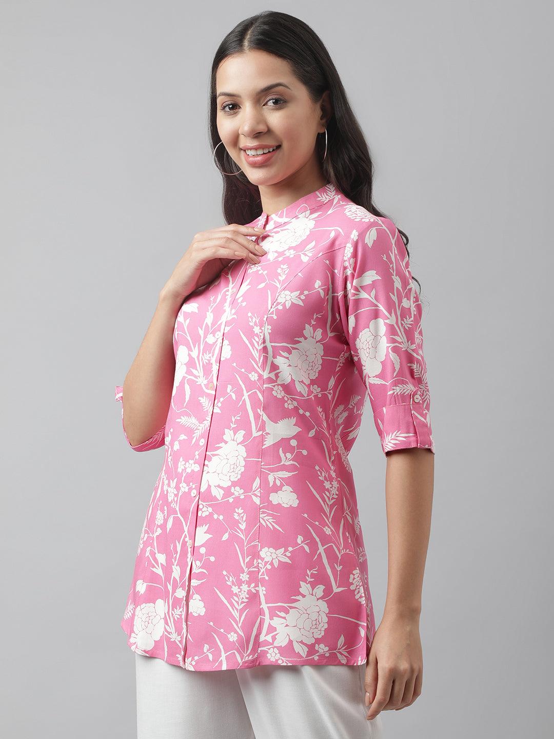 Eshani Light Pink Floral Printed Rayon A-line Shirt Style Top - Eshani world