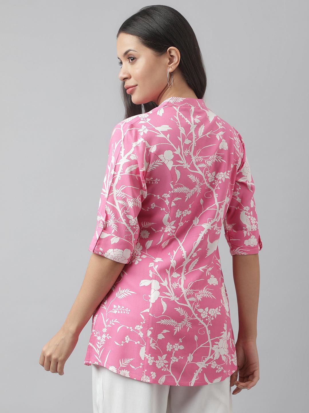 Eshani Light Pink Floral Printed Rayon A-line Shirt Style Top - Eshani world