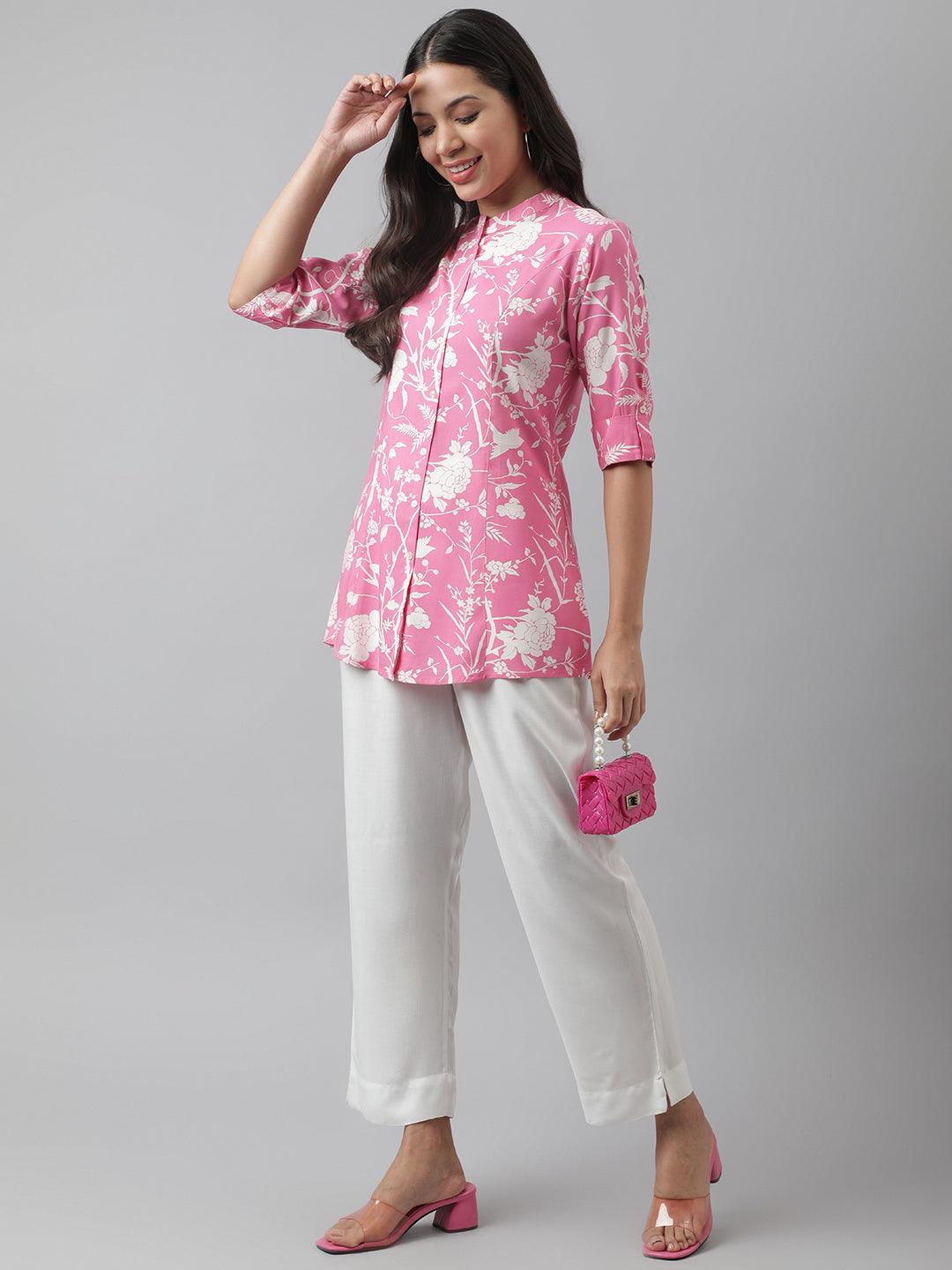 Eshani Light Pink Floral Printed Rayon A-line Shirt Style Top - Eshani world