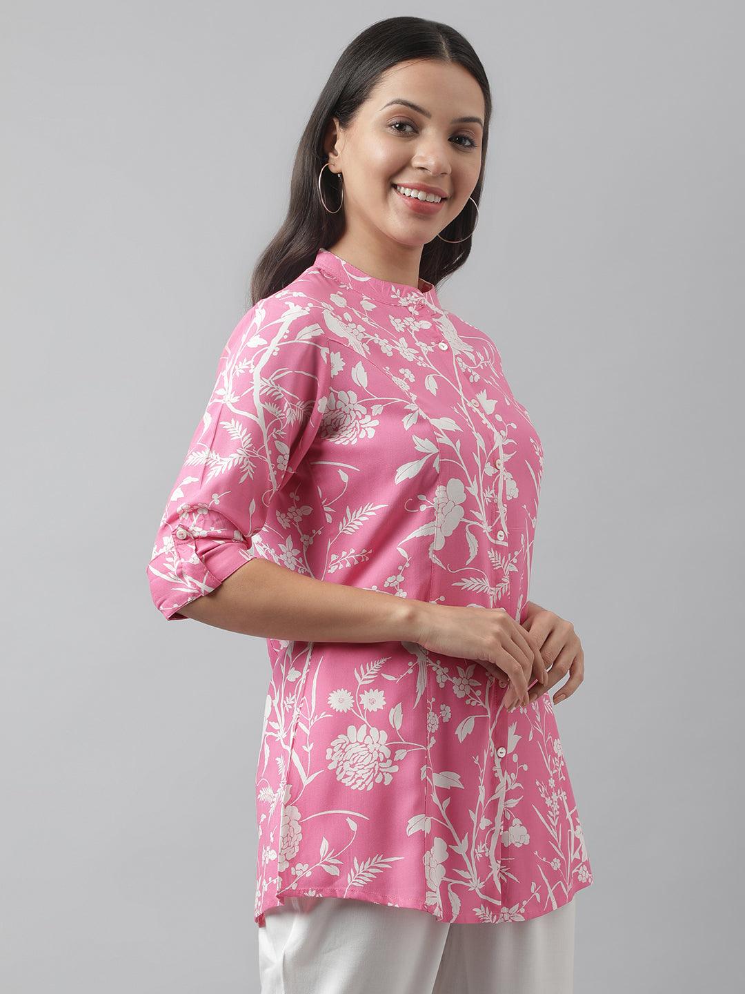 Eshani Light Pink Floral Printed Rayon A-line Shirt Style Top - Eshani world