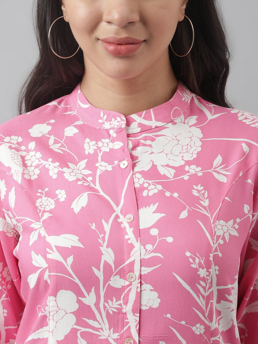 Eshani Light Pink Floral Printed Rayon A-line Shirt Style Top - Eshani world