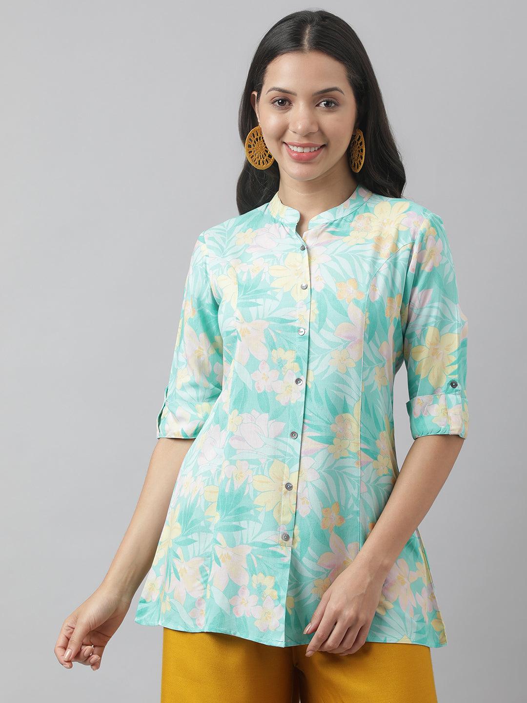 Eshani Sea Green Floral Printed Rayon A-line Shirt Style Top - Eshani world