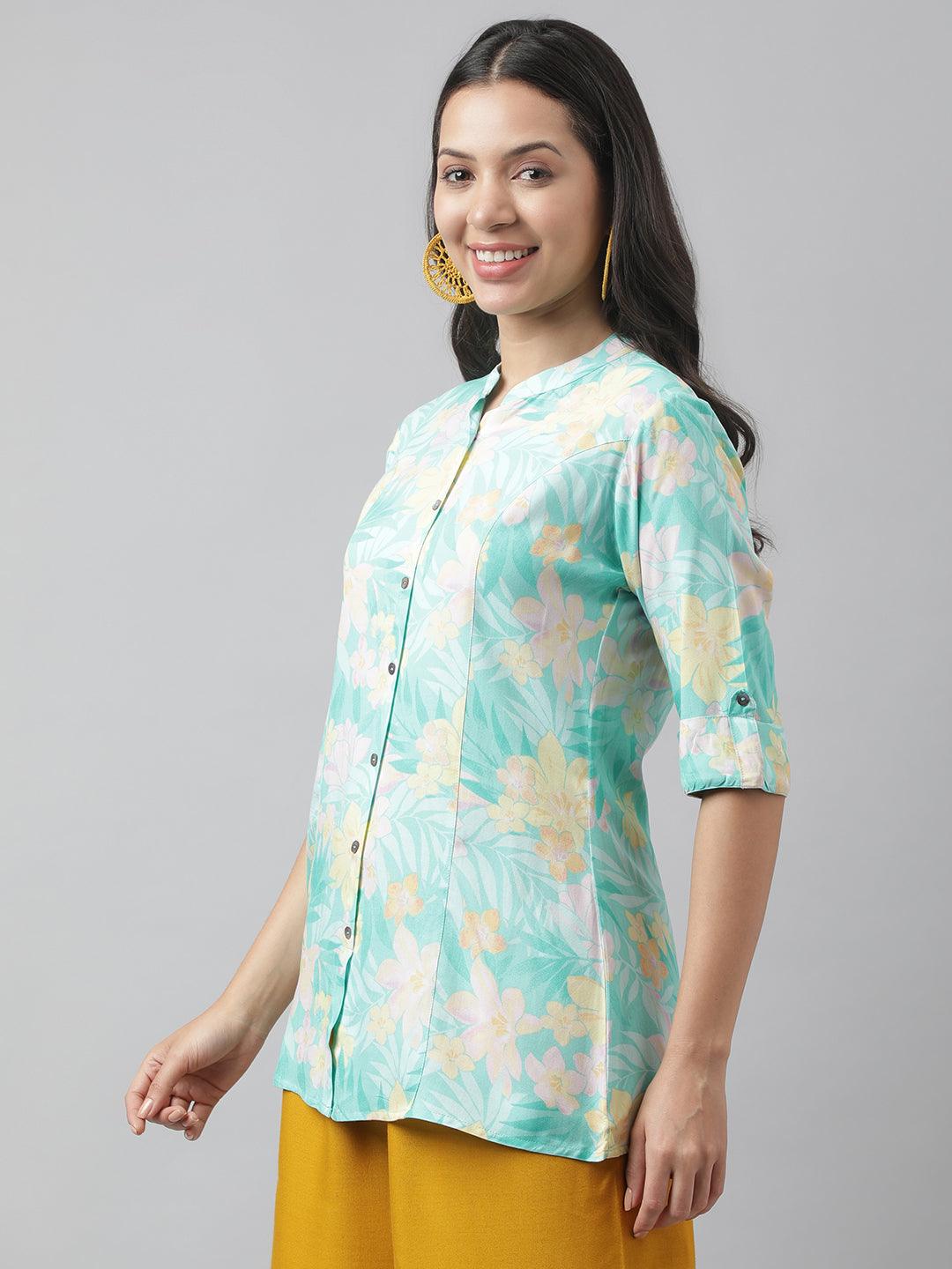 Eshani Sea Green Floral Printed Rayon A-line Shirt Style Top - Eshani world