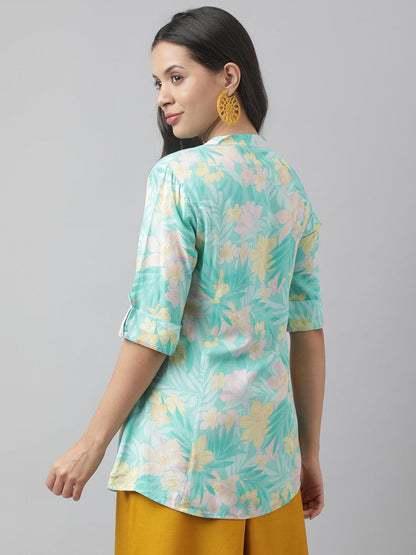 Eshani Sea Green Floral Printed Rayon A-line Shirt Style Top - Eshani world