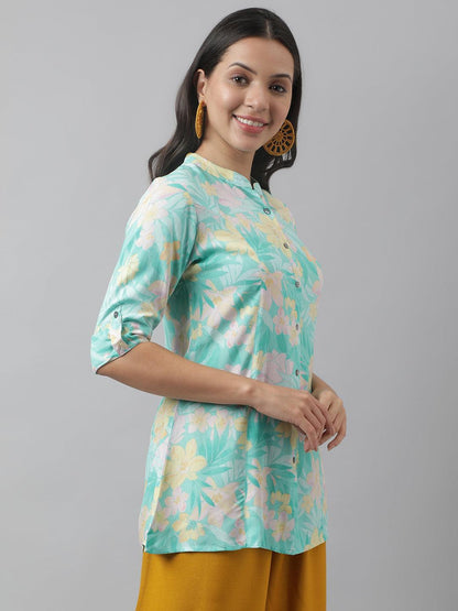 Eshani Sea Green Floral Printed Rayon A-line Shirt Style Top - Eshani world