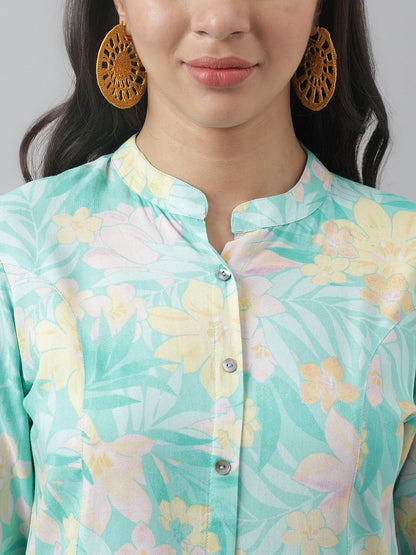 Eshani Sea Green Floral Printed Rayon A-line Shirt Style Top - Eshani world