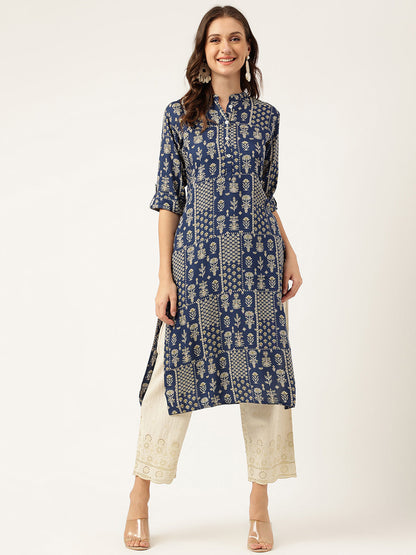 Eshani Navy Floral Digital Printed Straight Fold Sleeve Kurta