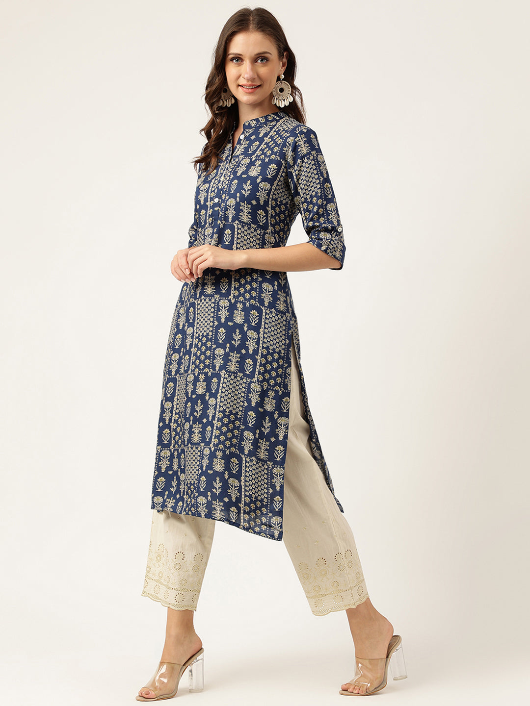 Eshani Navy Floral Digital Printed Straight Fold Sleeve Kurta