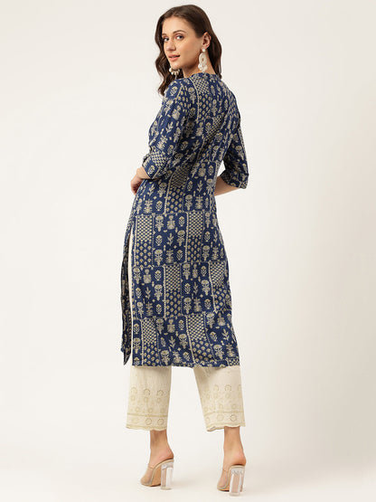 Eshani Navy Floral Digital Printed Straight Fold Sleeve Kurta