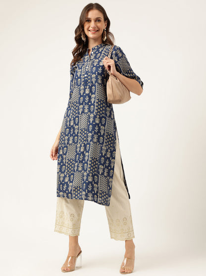 Eshani Navy Floral Digital Printed Straight Fold Sleeve Kurta