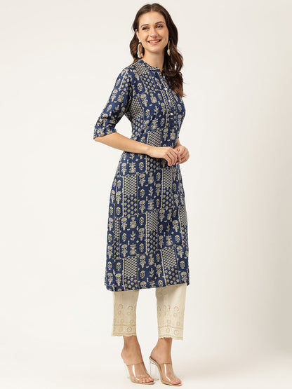 Eshani Navy Floral Digital Printed Straight Fold Sleeve Kurta