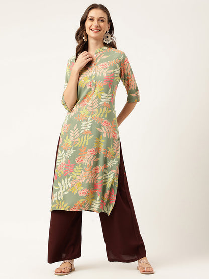 Eshani Green Floral Digital Printed Straight Fold Sleeve Kurta