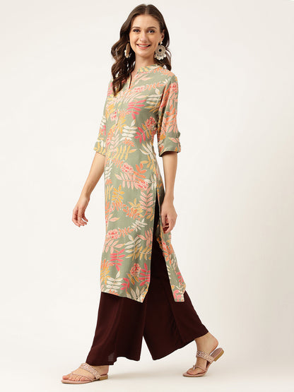 Eshani Green Floral Digital Printed Straight Fold Sleeve Kurta