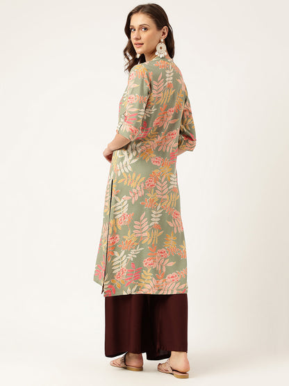 Eshani Green Floral Digital Printed Straight Fold Sleeve Kurta