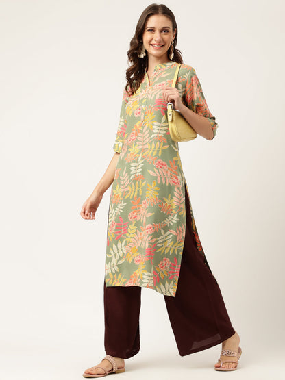 Eshani Green Floral Digital Printed Straight Fold Sleeve Kurta