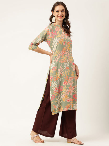 Eshani Green Floral Digital Printed Straight Fold Sleeve Kurta