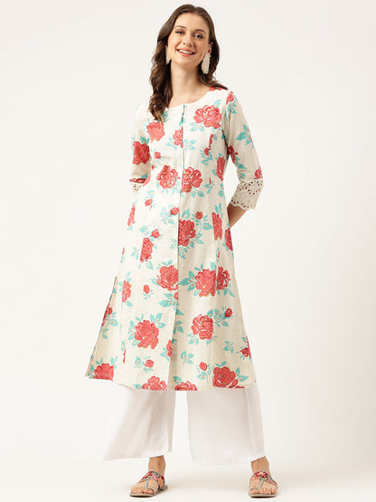 Eshani Cream Floral Printed Cotton A-Line  Kurta