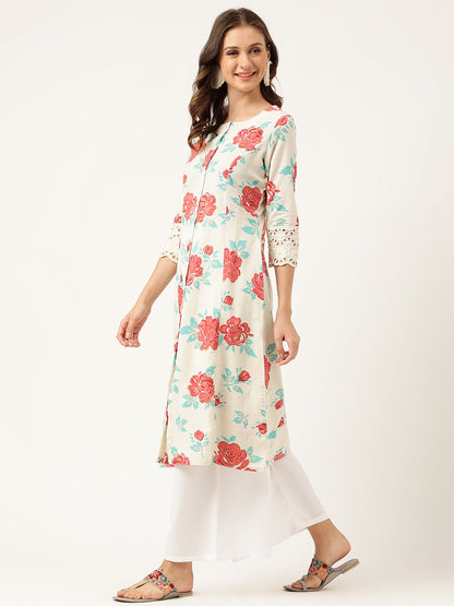 Eshani Cream Floral Printed Cotton A-Line  Kurta