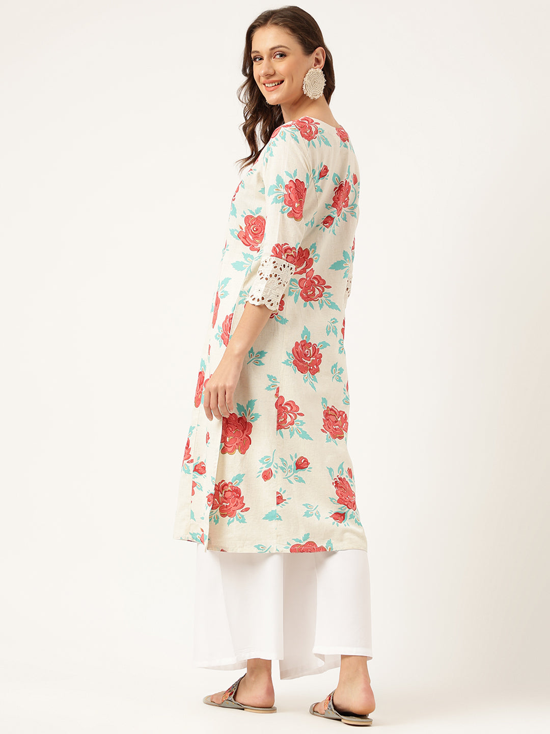 Eshani Cream Floral Printed Cotton A-Line  Kurta