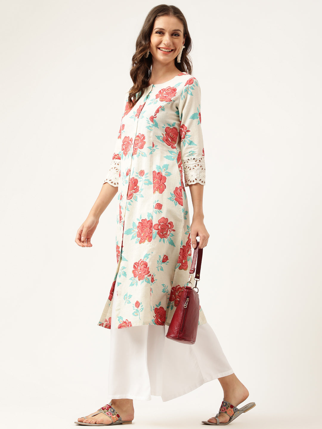 Eshani Cream Floral Printed Cotton A-Line  Kurta