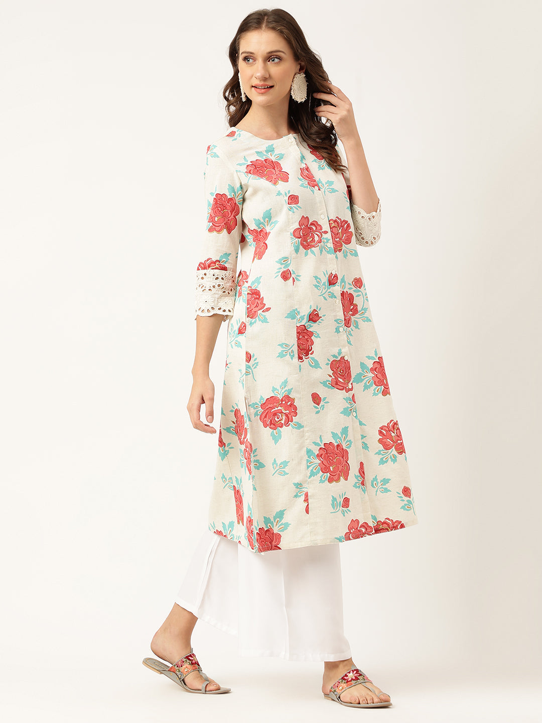 Eshani Cream Floral Printed Cotton A-Line  Kurta