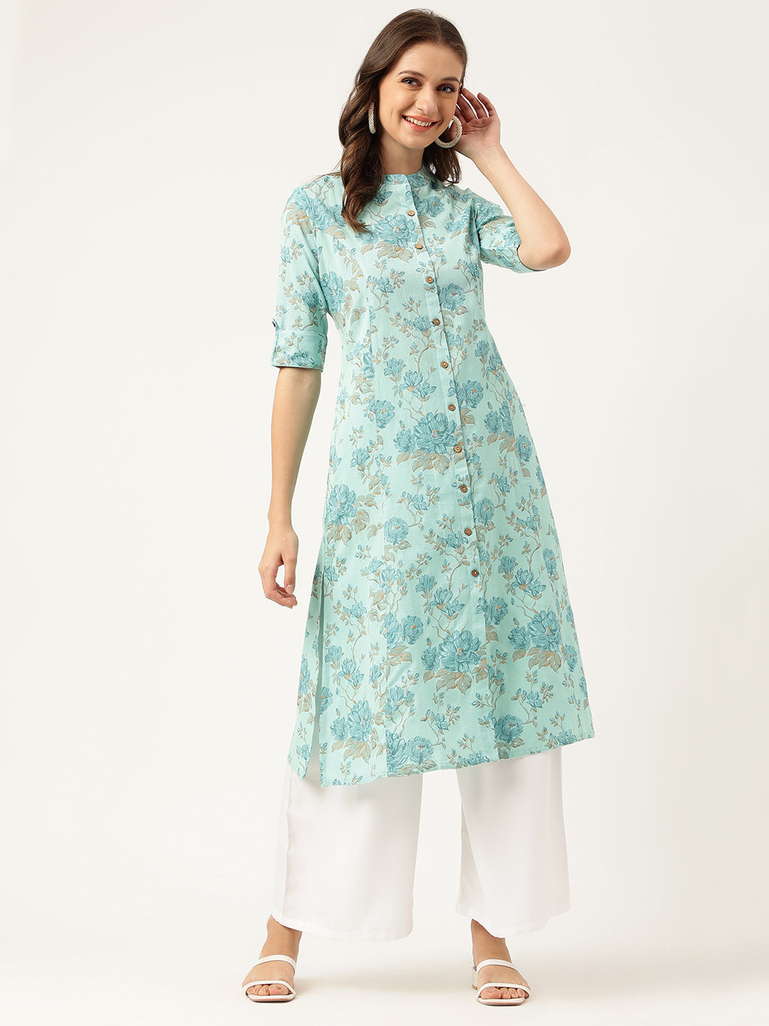 Eshani Sea Green Floral Printed Cotton A-Line  Kurta