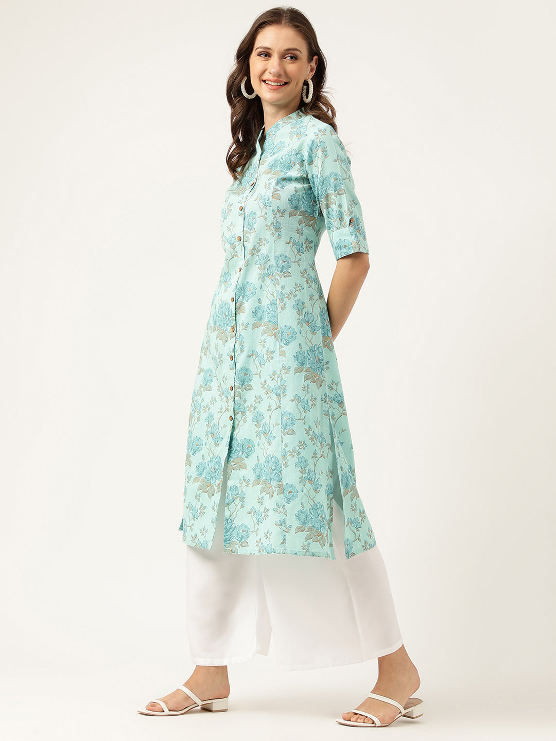 Eshani Sea Green Floral Printed Cotton A-Line  Kurta