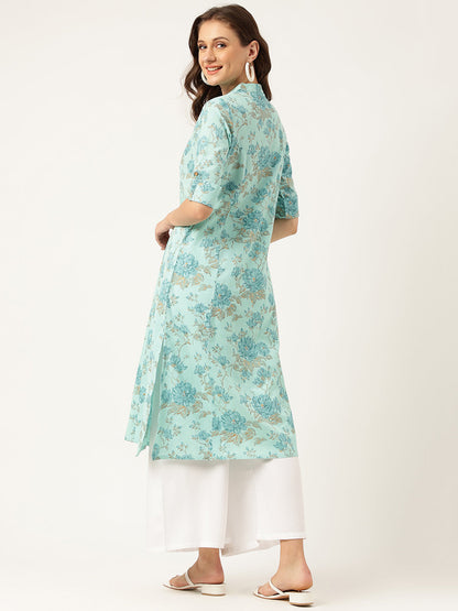 Eshani Sea Green Floral Printed Cotton A-Line  Kurta