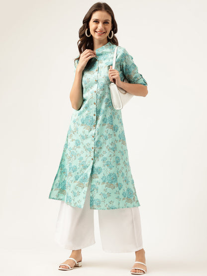 Eshani Sea Green Floral Printed Cotton A-Line  Kurta