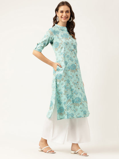 Eshani Sea Green Floral Printed Cotton A-Line  Kurta