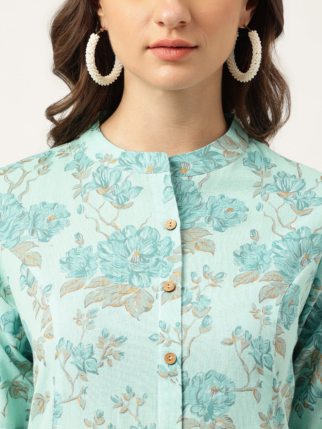 Eshani Sea Green Floral Printed Cotton A-Line  Kurta