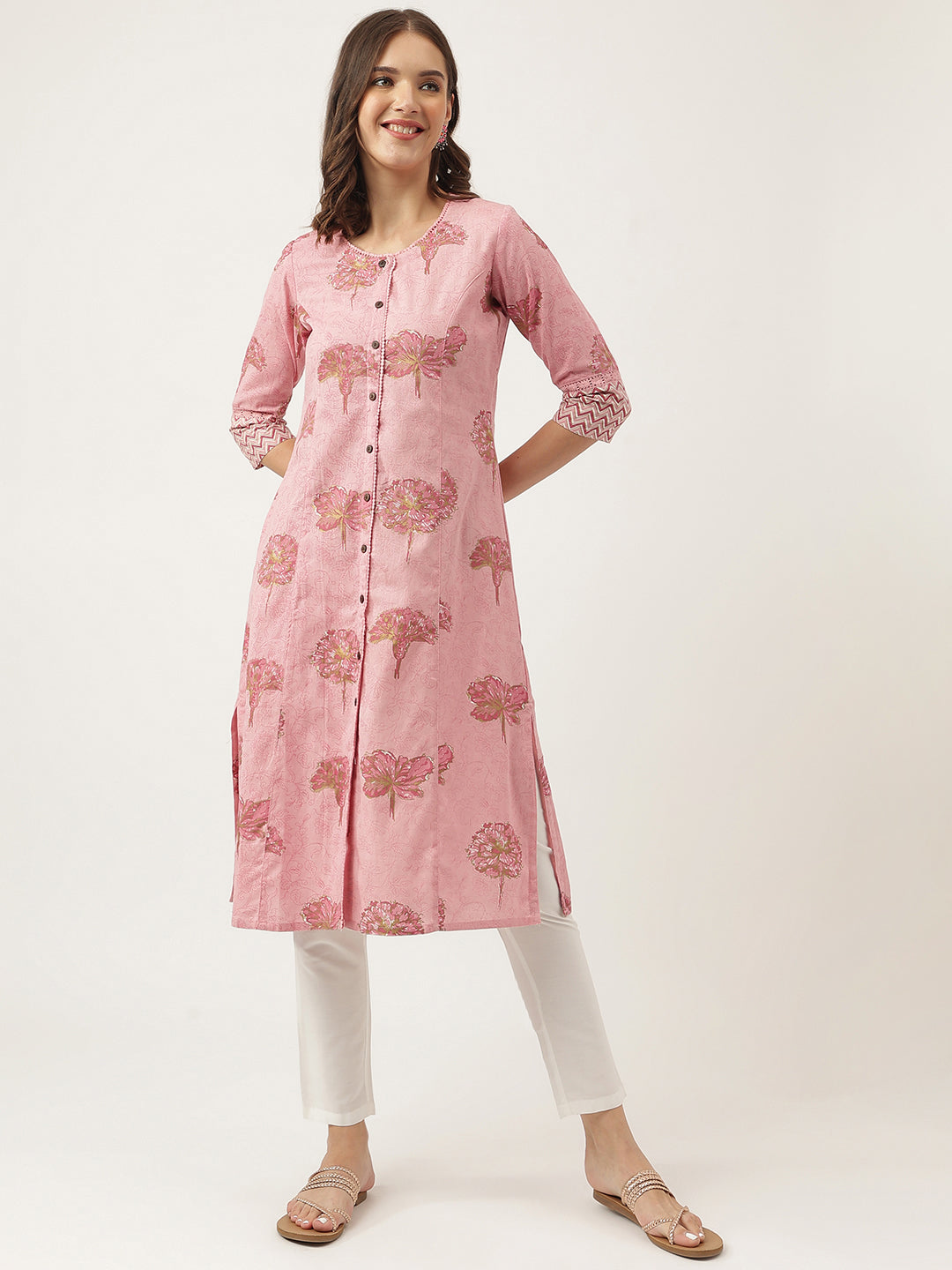 Eshani Magenta Floral Printed Cotton A-Line Kurta