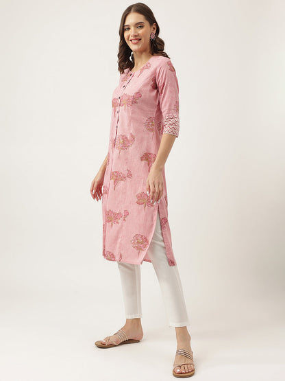 Eshani Magenta Floral Printed Cotton A-Line Kurta