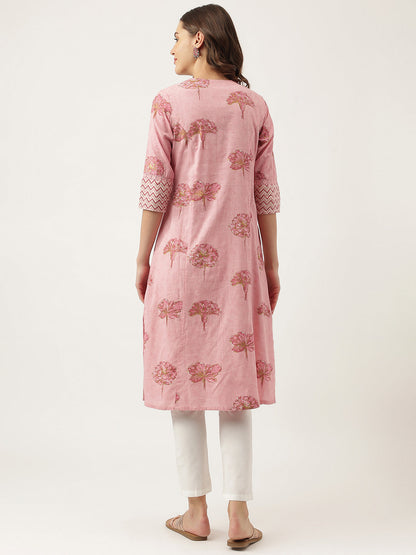 Eshani Magenta Floral Printed Cotton A-Line Kurta