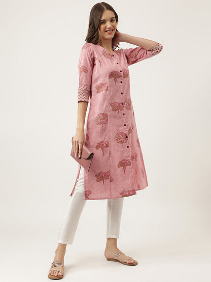 Eshani Magenta Floral Printed Cotton A-Line Kurta