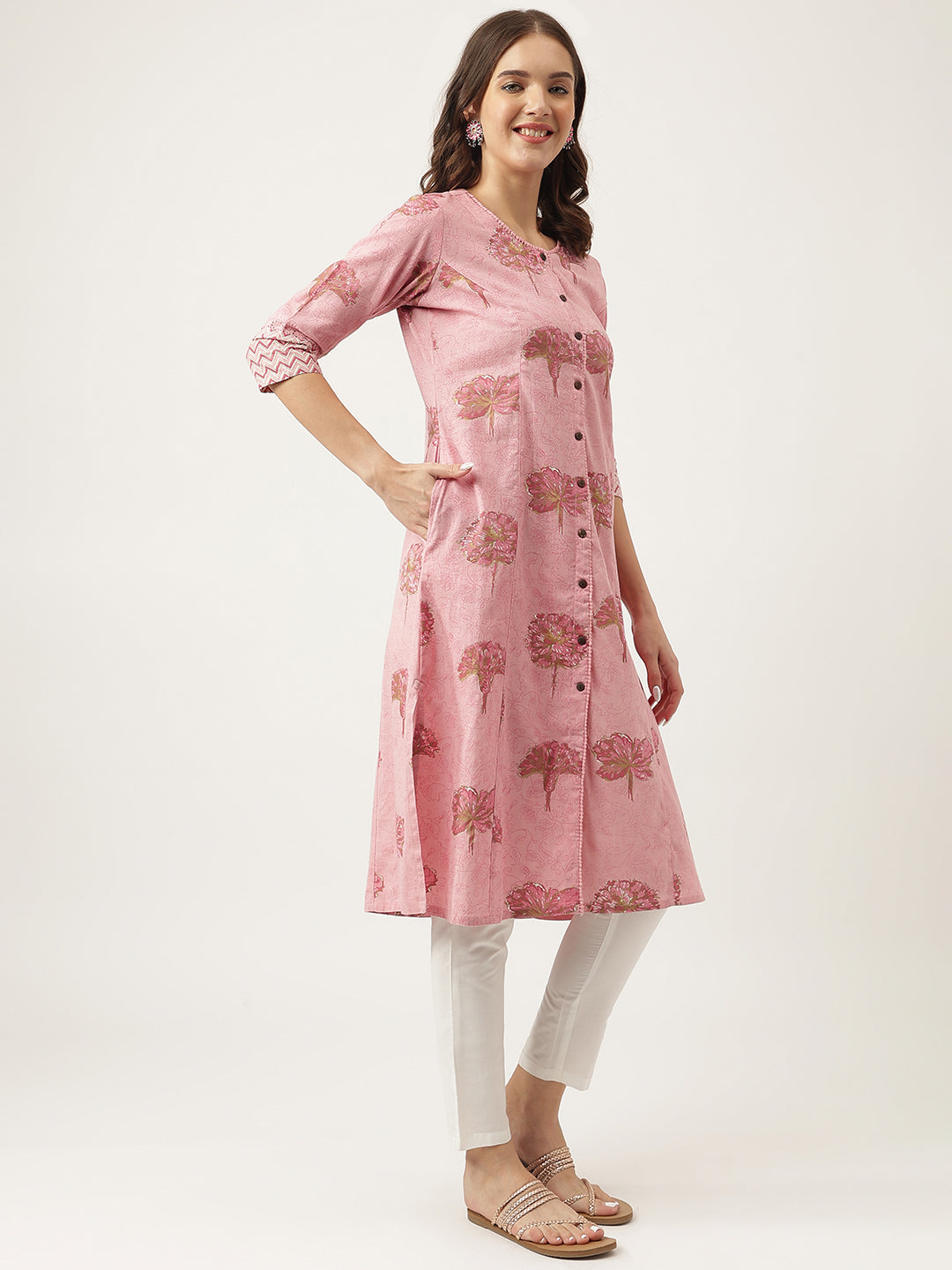 Eshani Magenta Floral Printed Cotton A-Line Kurta