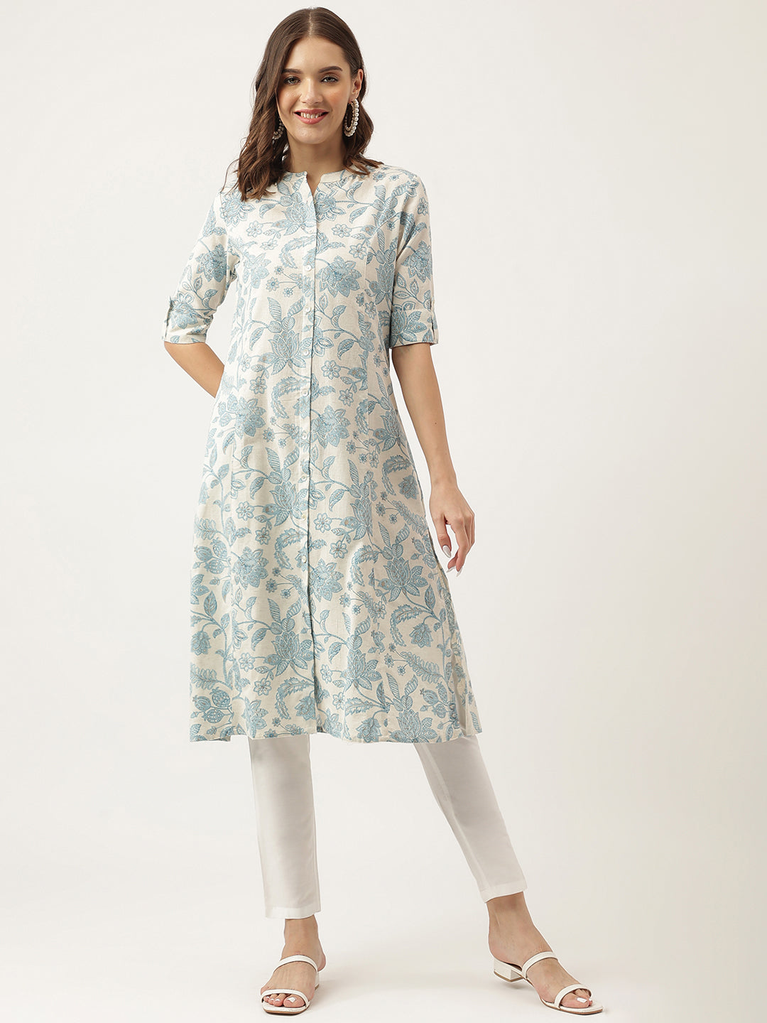 Eshani Sky blue Floral Printed Cotton A-Line Kurta