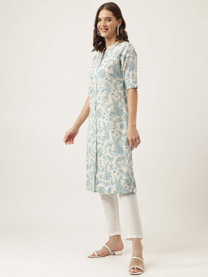 Eshani Sky blue Floral Printed Cotton A-Line Kurta