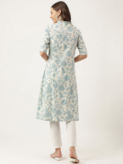 Eshani Sky blue Floral Printed Cotton A-Line Kurta