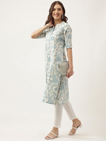 Eshani Sky blue Floral Printed Cotton A-Line Kurta