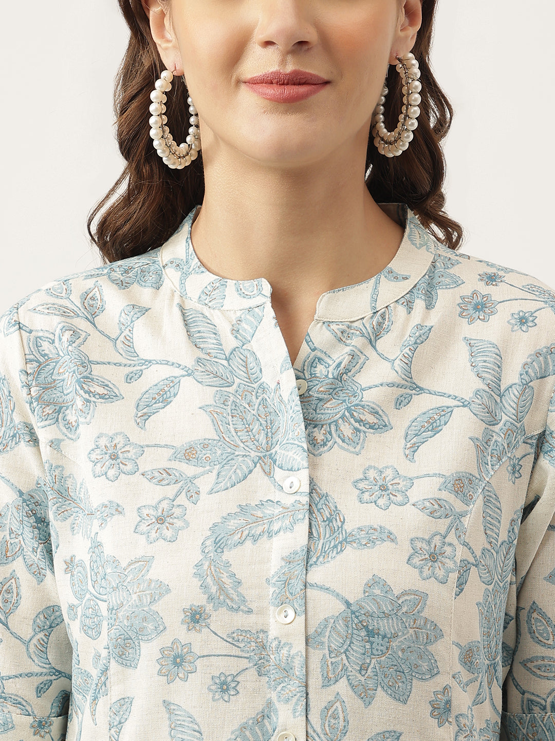 Eshani Sky blue Floral Printed Cotton A-Line Kurta