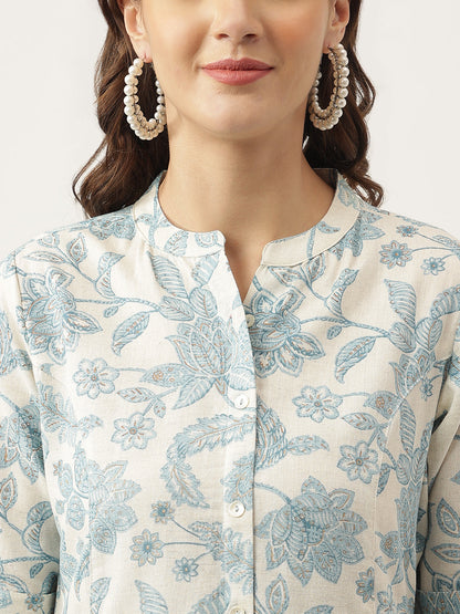 Eshani Sky blue Floral Printed Cotton A-Line Kurta