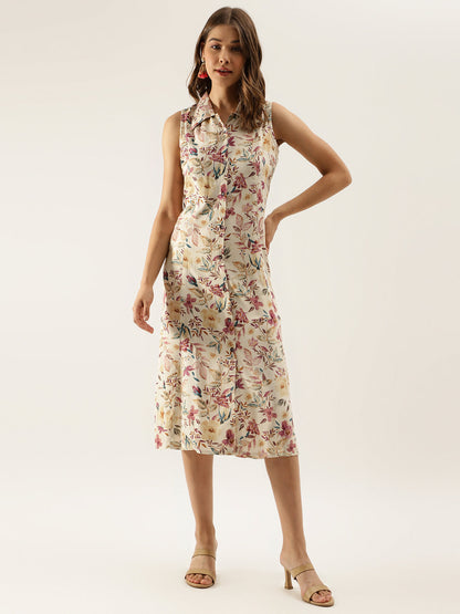 Eshani Cream Floral Printed Rayon Midi Dress with attached Sleeves