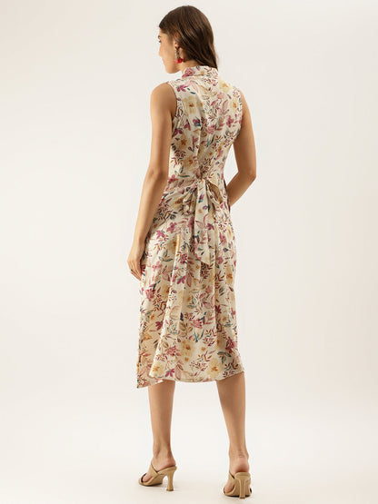 Eshani Cream Floral Printed Rayon Midi Dress with attached Sleeves