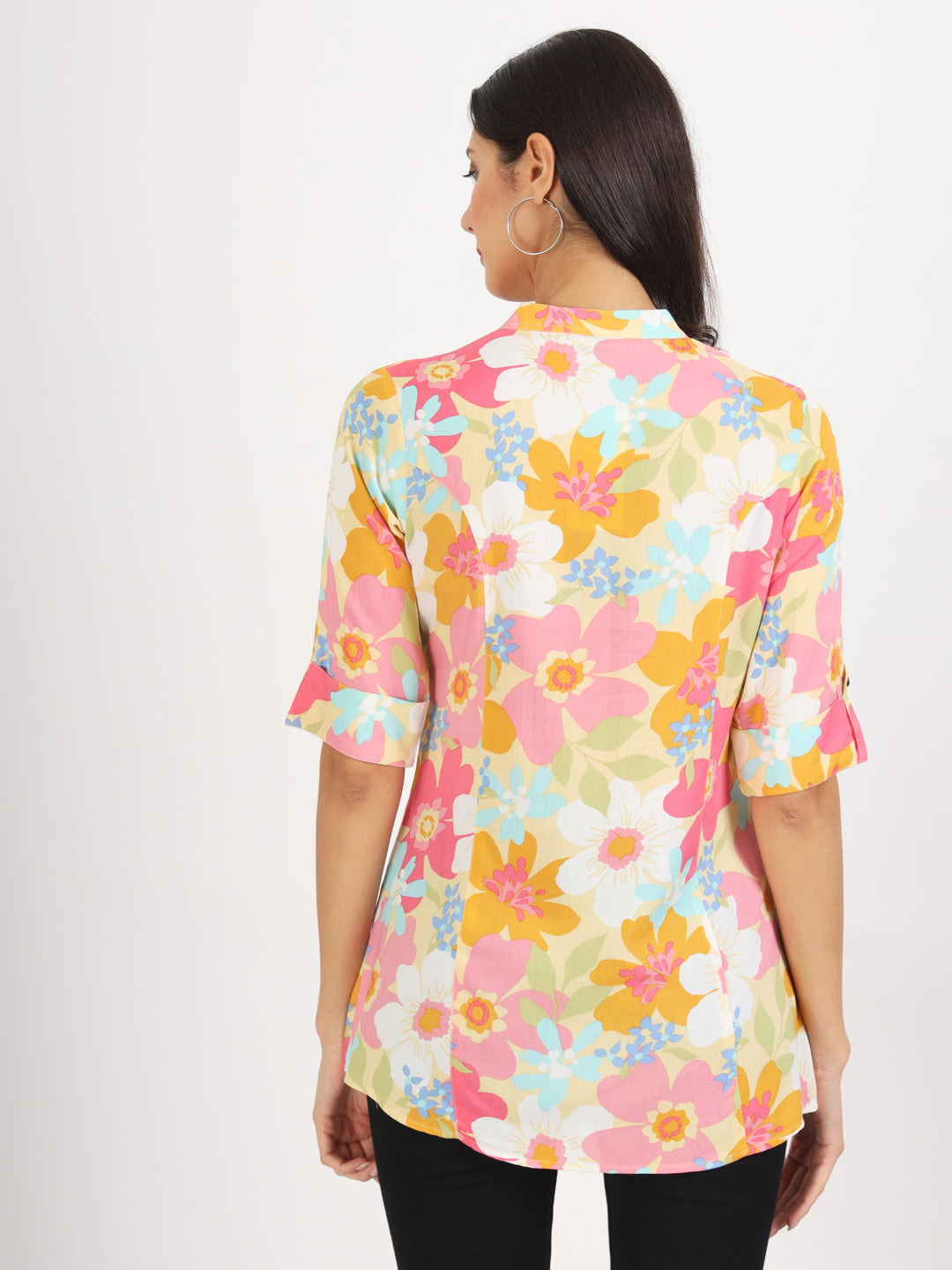 Eshani Yellow Floral Printed Fold Sleeve Rayon Top