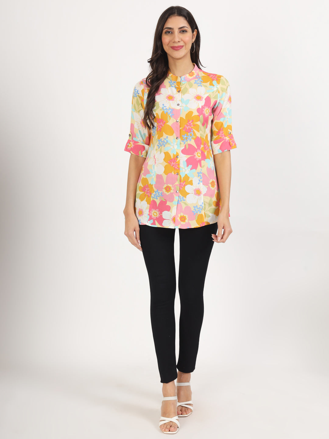 Eshani Yellow Floral Printed Fold Sleeve Rayon Top