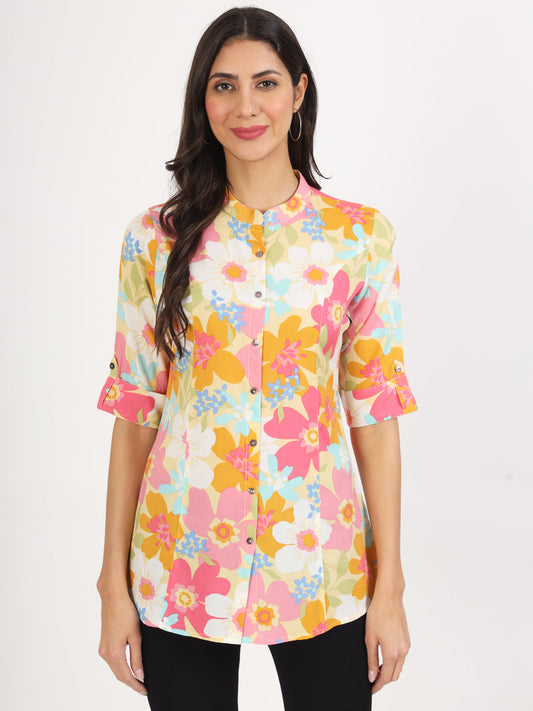 Eshani Yellow Floral Printed Fold Sleeve Rayon Top